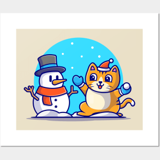 Cute Cat With Snowman Cartoon Vector Icon Illustration Posters and Art